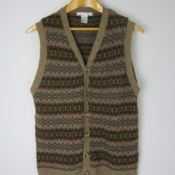 Geoffrey Been Mens Large Brown Black Lambswool Fair Isle Button Sweater Vest - Picture 1 of 10
